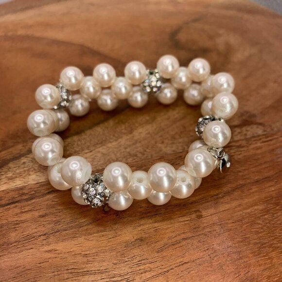 Faux Pearl & Crystal Stretch Bracelet White & Silver One Size - Picture 3 of 7